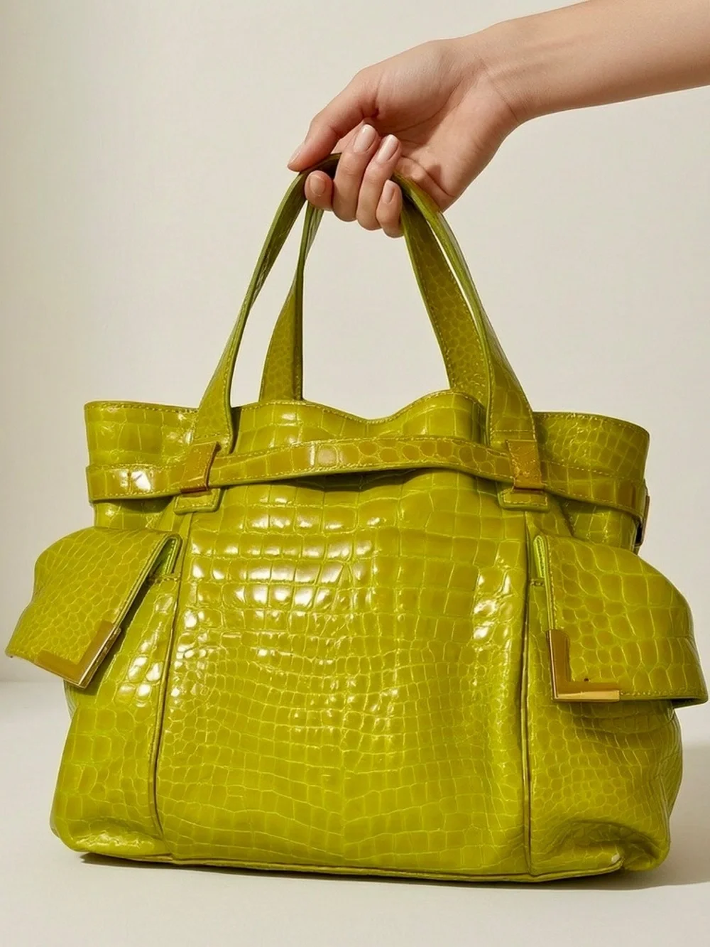 Michael Michael Kors Lime Green Patent Croc Embossed Multi Pocket Shoulder Tote